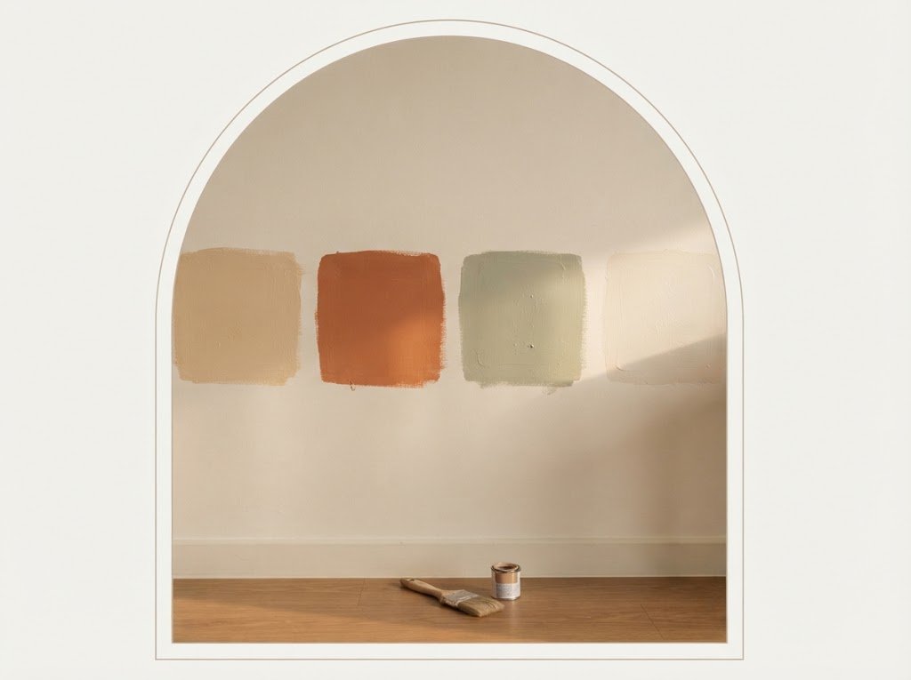 Paint sample patches tested on a sunlit wall